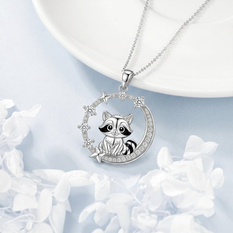 Sterling Silver Cubic Zirconia Raccoon Cat Dog Corgi Otter Highland Cow Pendant Necklace Gift for Birthday Christmas