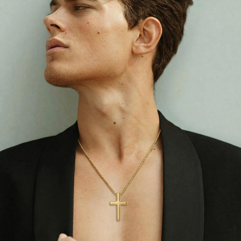 14K Gold  Plated Cross Pendant Necklace for Men Minimalist Religion Jewelry