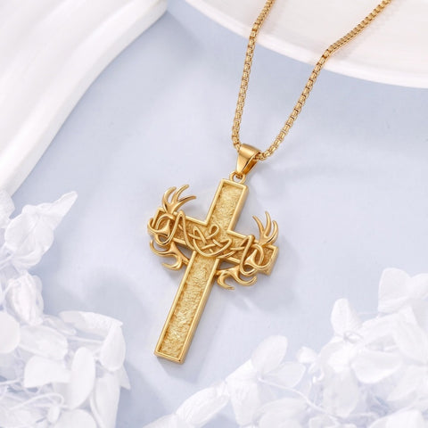 14k Gold Plated Cross Deer Antler Celtic Knot Sword Twisted Rope Cross Pendant Necklace for Men