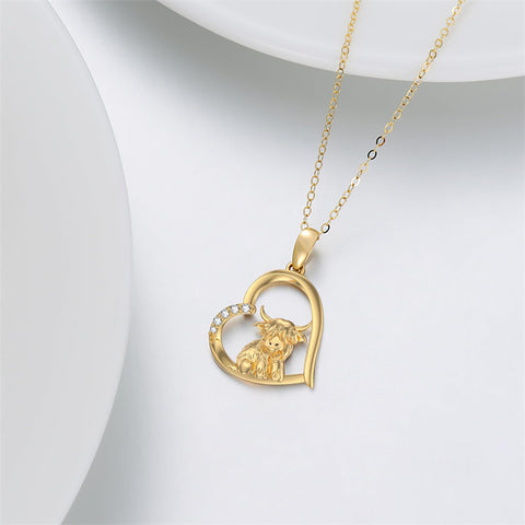 14K Gold Heart Highland Cow Pendant Necklace