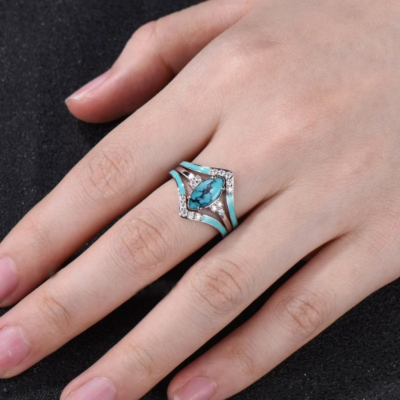 Sterling Silver 10K 14K 18K Gold Turquoise Engagement  Wedding Ring Set for Women