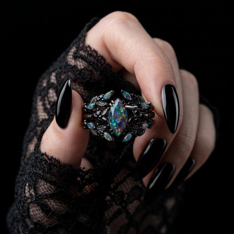 Sterling Silver 10K  14K  18K  Gold Personalized Engraved Black Opal Engagement Wedding Promise Ring for Her