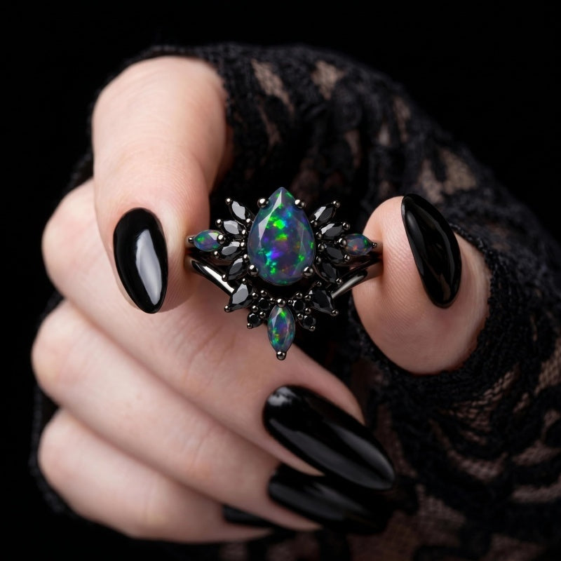 Sterling Silver 10K  14K  18K  Gold Personalized Engraved Black Opal Engagement Wedding Promise Ring for Her