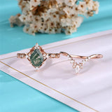 10K 14K 18K Gold Natural Moss Agate Ring Set Engagement Ring