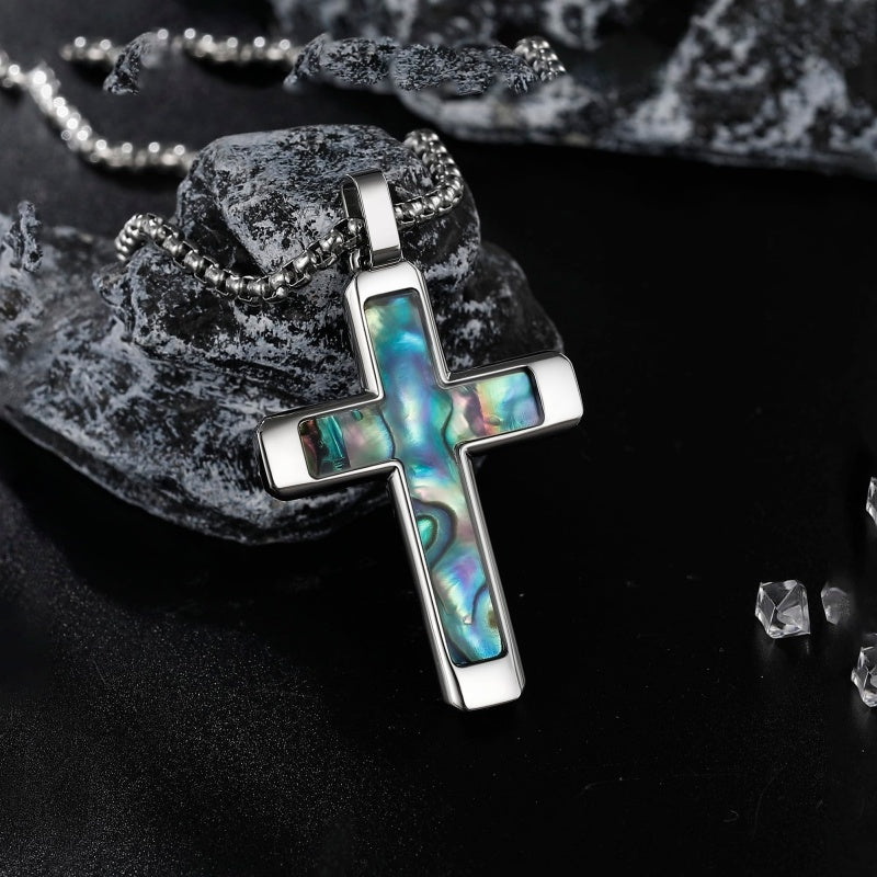 14K Gold Plated Wooden Abalone Shell Cross Pendant Necklacefor Men