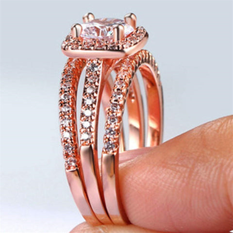 Copper Cubic Zirconia Three-in-One Halo Engagement Wedding Band Ring Set