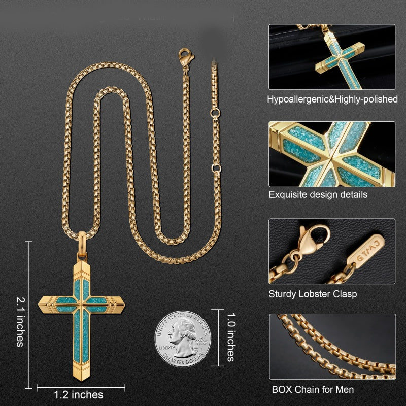 14K Gold Plated Turquoise Malachite Cross Necklace for Men Christianity Cross Jewelry