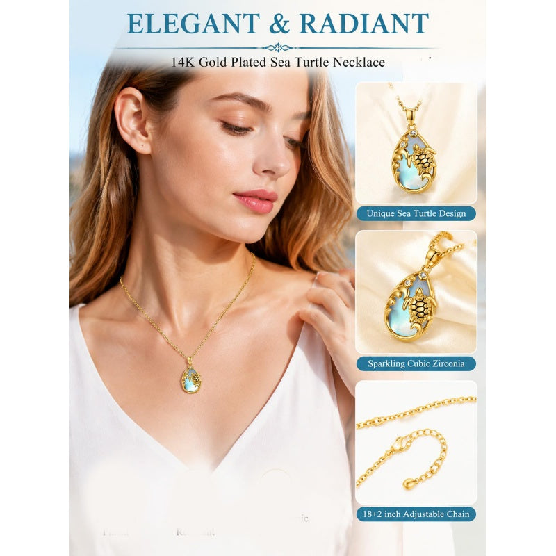 14K Gold Plated Moonstone Octopus Sea Turtle Conch Shell Starfish Seashell Ocean Necklace for Women