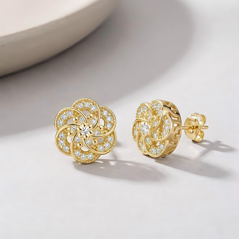 14K Gold Plated Cubic Zirconia Trendy Flower-Shaped Stud Earrings for Women