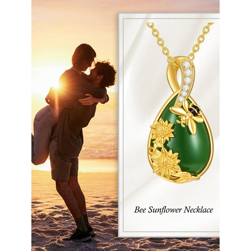 14K Gold Plated Natural Jade Hummingbird Cat Dragonfly Butterfly Bee Pendant Necklace for Women