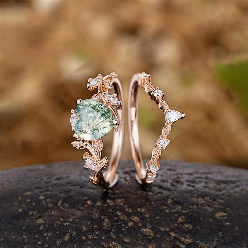 Sterling Silver 2CT Heart Green Moss Agate Wedding Engagement Ring Set for Women