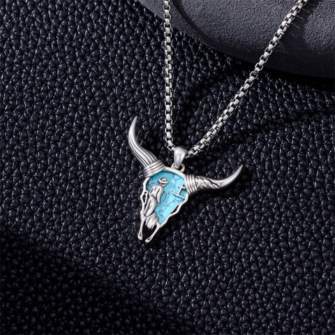 Sterling Silver Turquoise Cow Skull Pendant Necklace