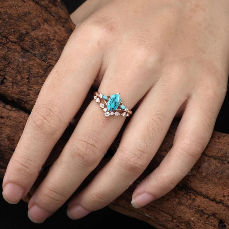 Sterling Silver 10K 14K 18K Gold Turquoise Engagement  Wedding Ring Set for Women