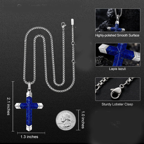 14K Gold Plated Turquoise Lapis Lazuli Cross Necklace for Men with Adjustable Chain