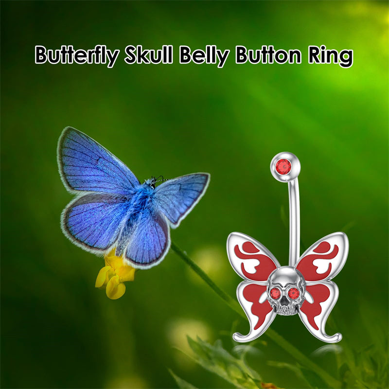Sterling Silver Cubic Zircon Skull Butterfly Belly Button Ring for Women