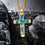 14K Gold Plated Wooden Abalone Shell Cross Pendant Necklacefor Men