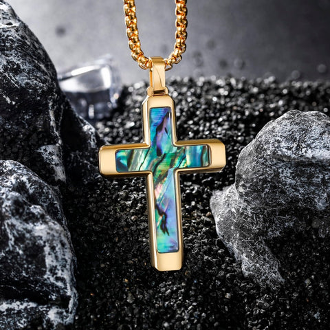14K Gold Plated Wooden Abalone Shell Cross Pendant Necklacefor Men