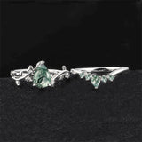 Sterling Silver Pear Natural Moss Agate Engagement Ring Set Wedding Ring