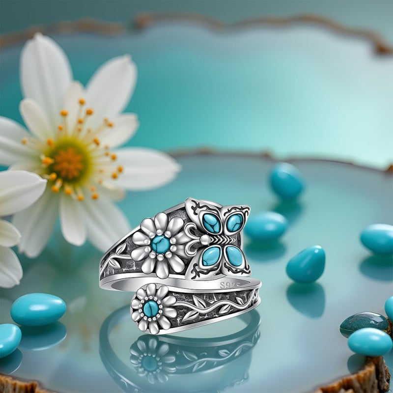 Sterling Silver Turquoise Hummingbird Butterfly Sunflower Adjustable Spoon Ring