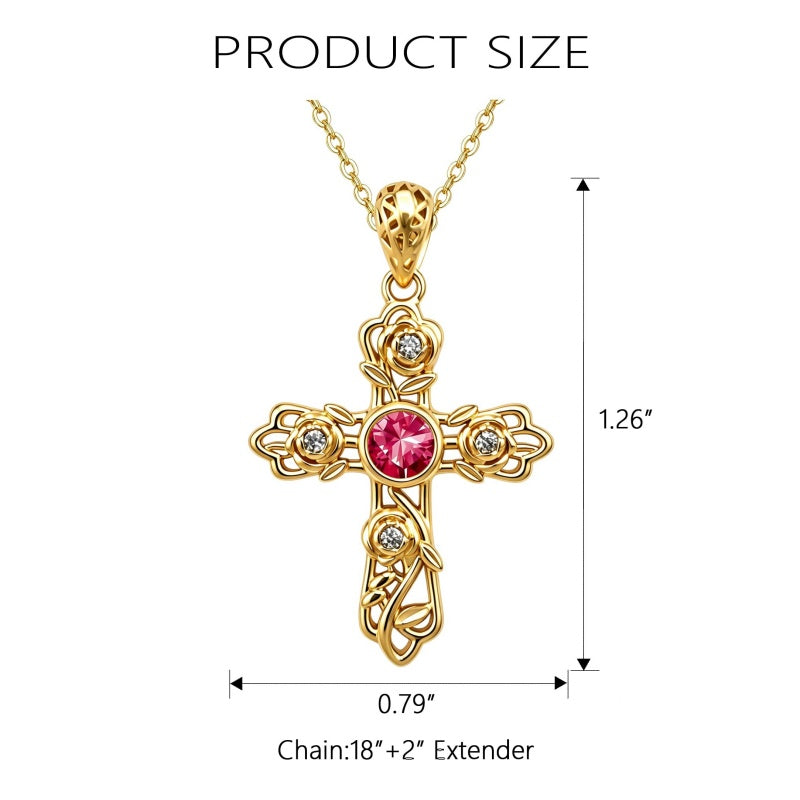 14K Gold Plated Round Cubic Zirconia Filigree Rose Cross Necklace for Women