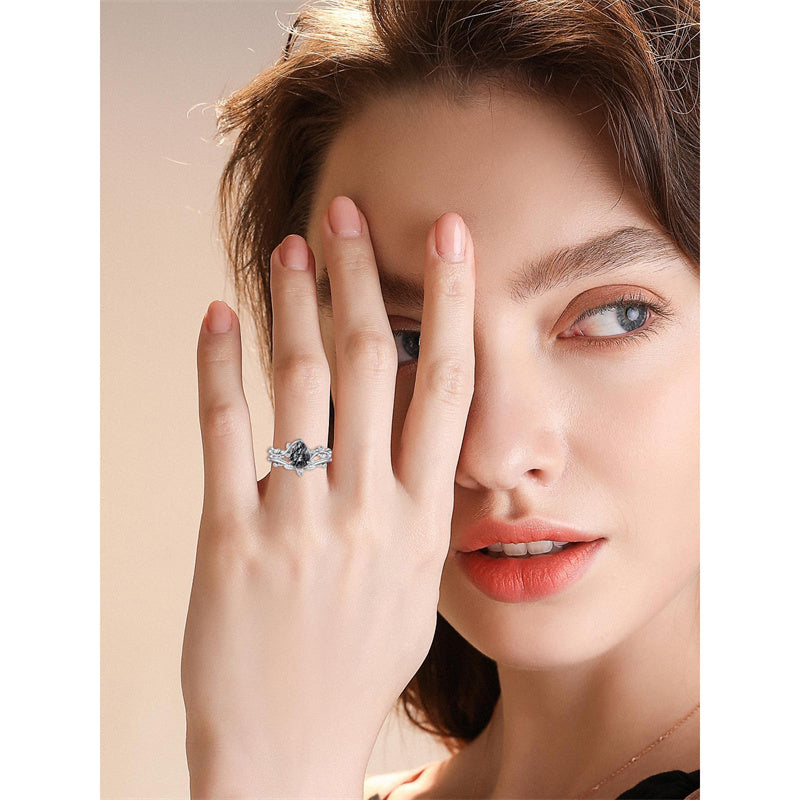 Sterling Silver Pear Oval Kite Heart Hexagon Emerald Coffin Cut Gemstone Engagement Promise Ring Set