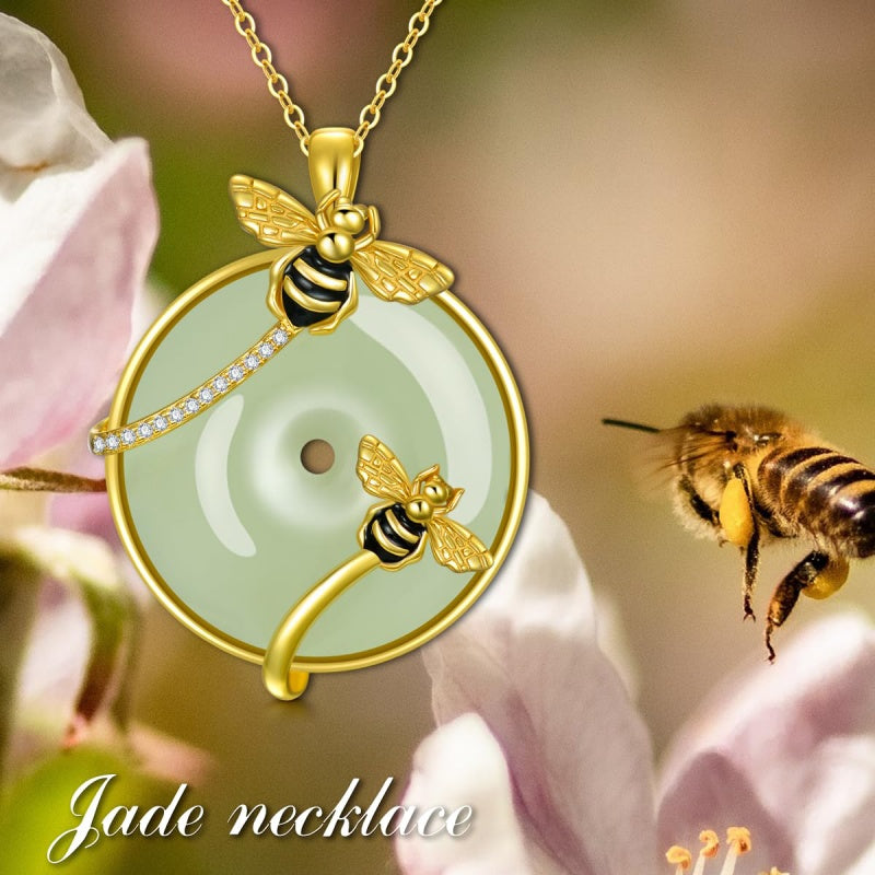 14K Gold Plated Natural Jade Hummingbird Cat Dragonfly Butterfly Bee Pendant Necklace for Women