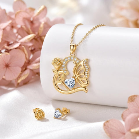 14K Gold Plated Heart Birthstone Rose Mom Butterfly Pendant Necklace for Women