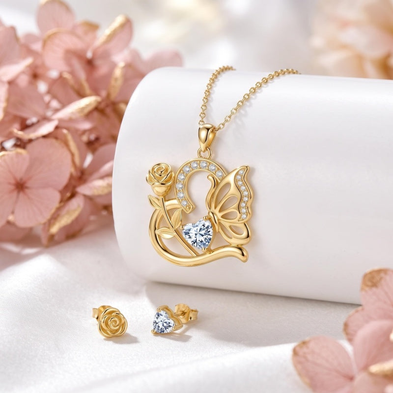 14K Gold Plated Heart Birthstone Rose Mom Butterfly Pendant Necklace for Women