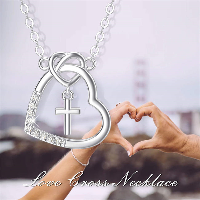 14K Real Gold Heart Necklace for Women,God in My Heart Faith Hope  Love,Yellow/White Gold Cross Heart Pendant Necklace with Cubic Zirconia