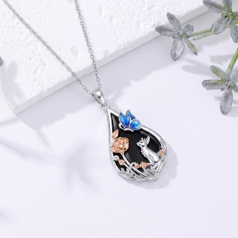 Sterling Silver Obsidian Bunny Cat Elephant Dog Fox Teardrop Pendant Necklace