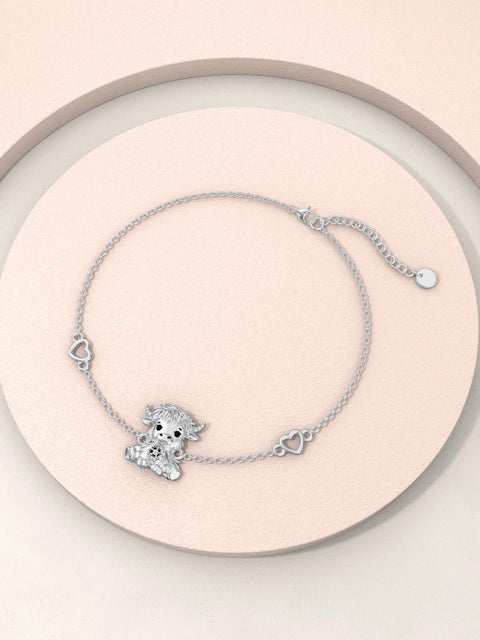 Sterling Silver Birthstone Highland Cow Single Layer Anklet