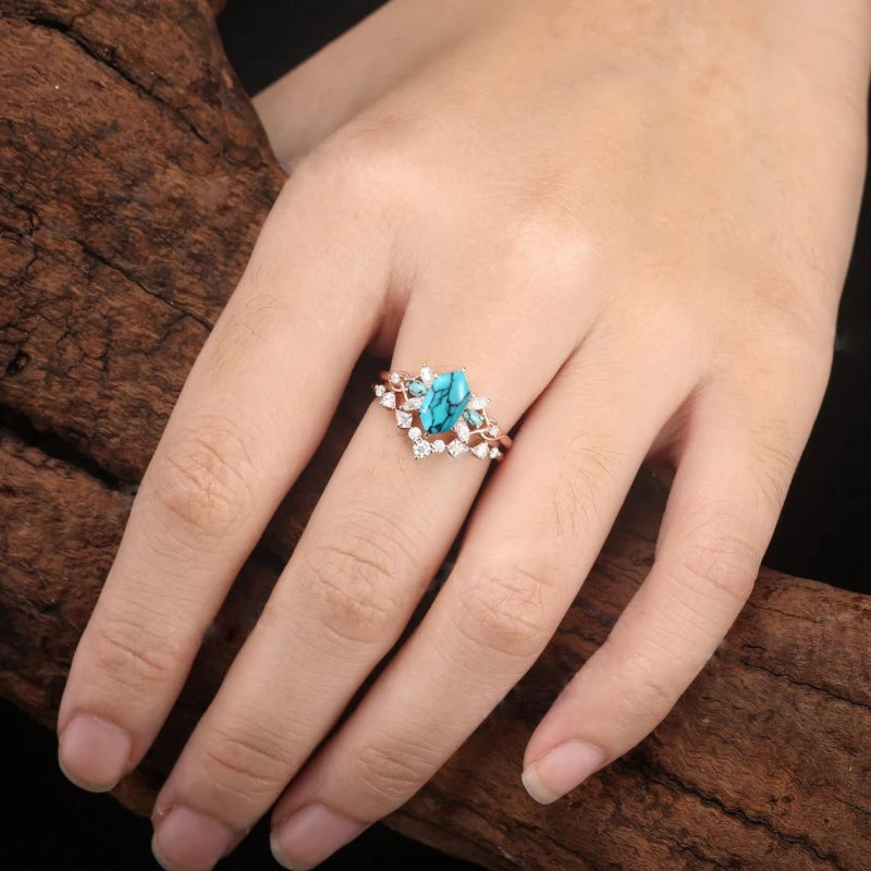 Sterling Silver 10K 14K 18K Gold Turquoise Engagement  Wedding Ring Set for Women