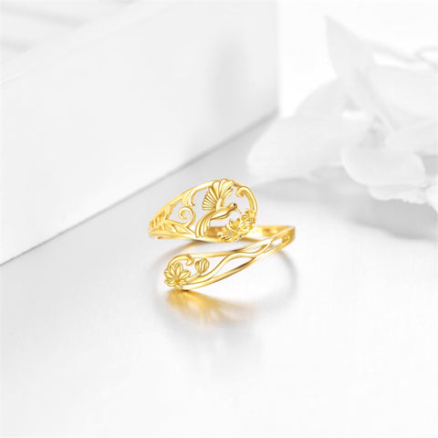 14k Yellow Gold Adjuatable Spoon Dragonfly Butterfly Hummingbird Animal Ring