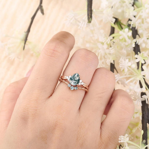 Sterling Silver 2CT Moss Agate  Engagement Wedding Ring Sets for Women