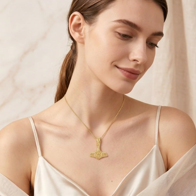 14K Gold Plated Celtic Knot Viking Thor Hammer Pendant Necklace