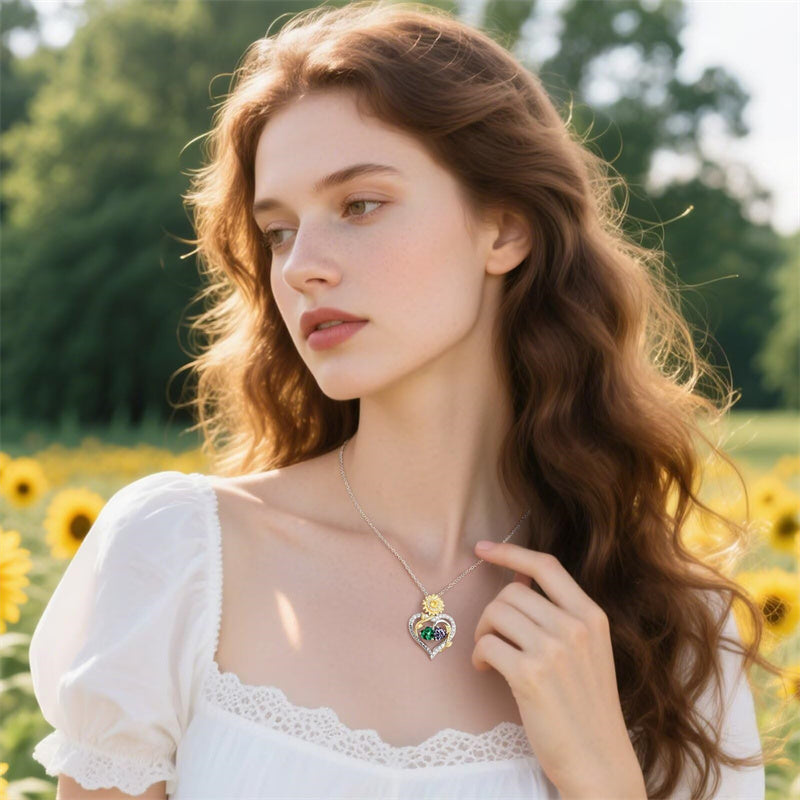 Sterling Silver Double Heart Birthstone Sunflower Necklace Engraved with You Are My Sunshine