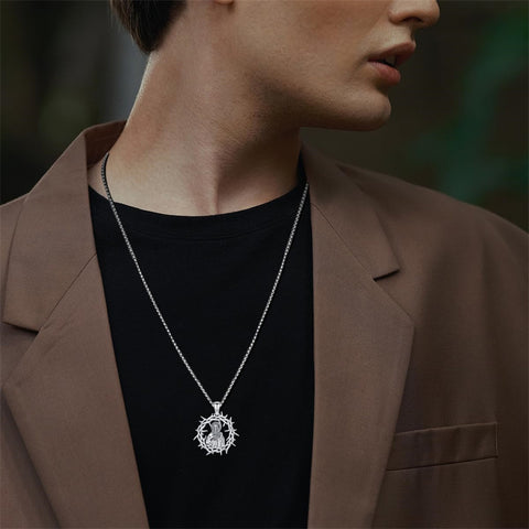 Sterling Silver Crown of Thorns Jesus St Benedict St Michael Pendant Necklace