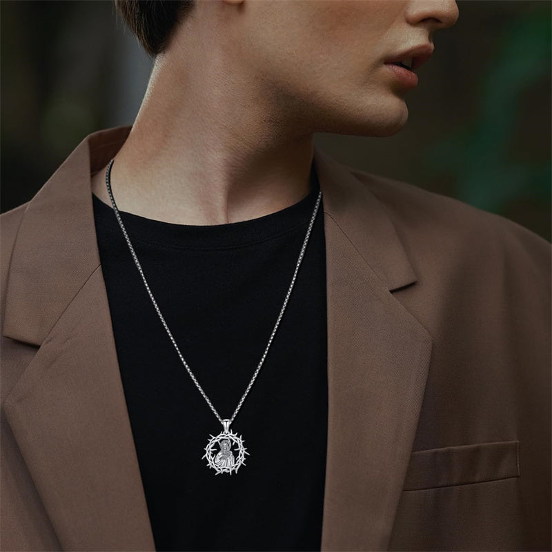 Sterling Silver Crown of Thorns Jesus St Benedict St Michael Pendant Necklace