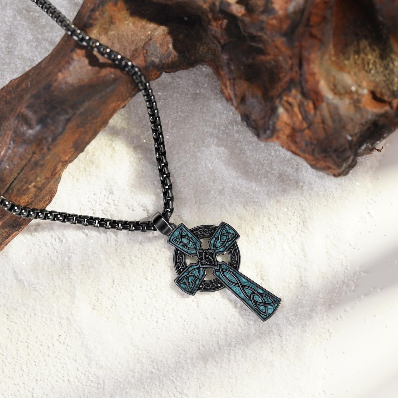 14K Gold Plated Turquoise Malachite Abalone Shell Cross Pendant Necklace for Men