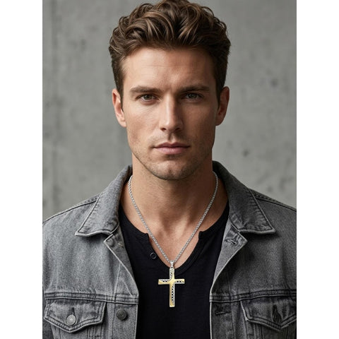 14K Gold Plated Two Tone Cross Pendant Necklace Christian Jewelry Religious Gift
