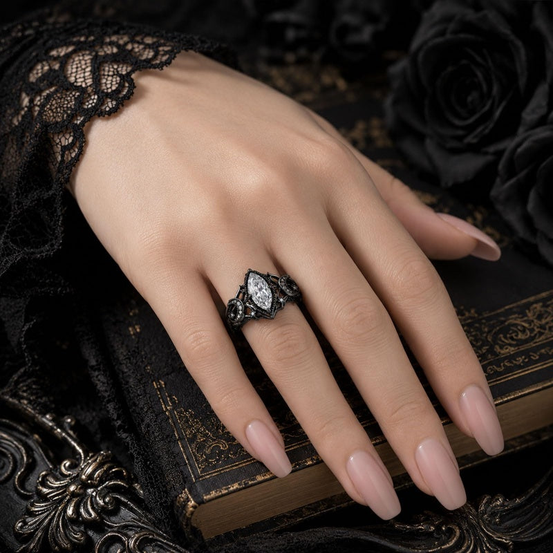 Sterling Silver 10K 14K 18K Gold Moissanite Gothic Black  Engagement Wedding Ring  for Women
