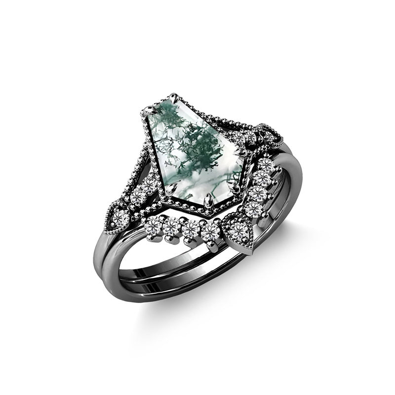 Sterling Silver 10K 14K 18K Gold Vintage Nature Moss Agate Engagement Ring Sets for Women