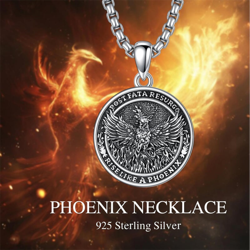 Sterling Silver Phoenix Rising Pendant Necklace NA/AA Sobriety Jewelry
