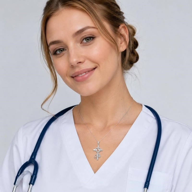14K Gold Plated  Birthstone Stethoscope Cross Necklace Graduation Gifts for Women RN