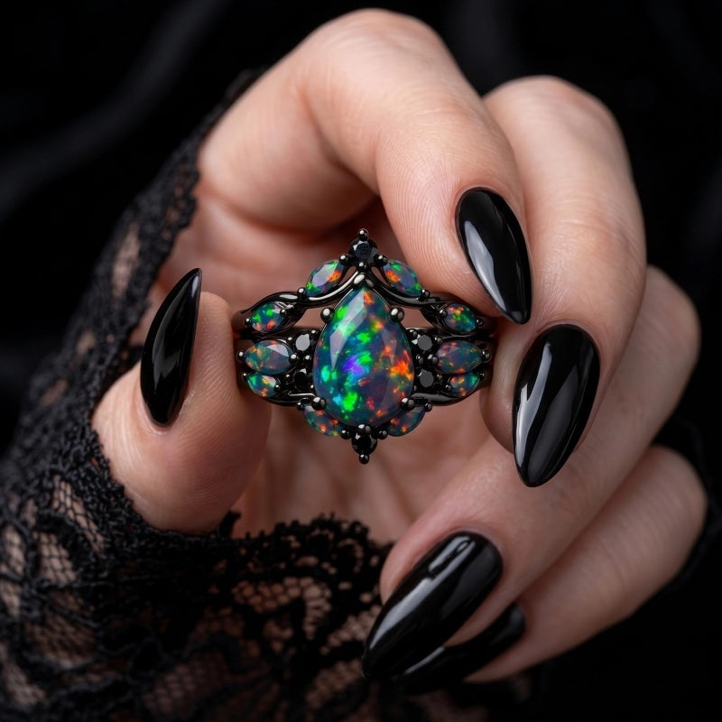 Sterling Silver 10K  14K  18K  Gold Personalized Engraved Black Opal Engagement Wedding Promise Ring for Her