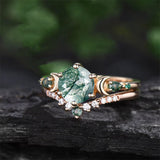 Sterling Silver 10K 14K 18K Gold 2CT Natural Moss Agate Engagement Ring Set