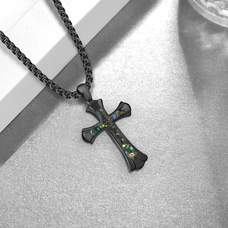 14K Gold Plated Turquoise Malachite Abalone Shell Cross Pendant Necklace for Men
