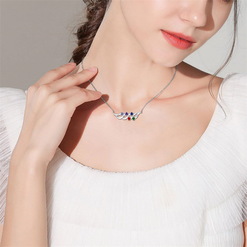 Sterling Silver Personalized Birthstone Name Wave Pendant Family Necklace