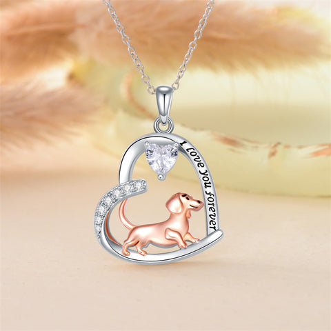 Sterling Silver Heart Birthstone  Dachshund Pendant Necklace