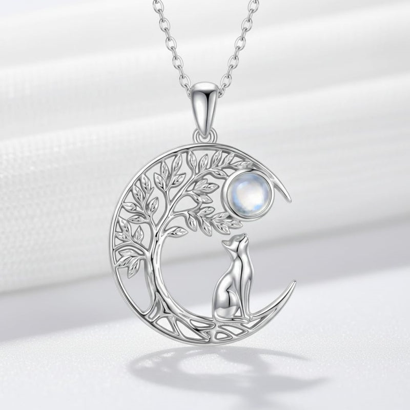 Sterling Silver Moonstone Tree of Life Wolf Cat Fox Rabbit Monkey Pendant Necklace Gift for  Birthday Christmas